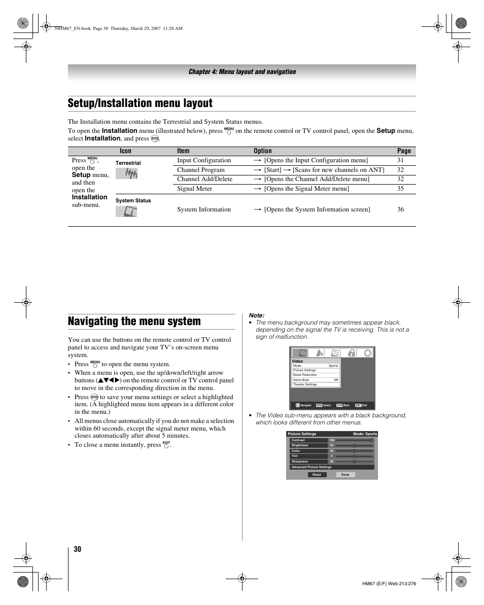 Setup/installation menu layout, Navigating the menu system | Toshiba 50HM67 User Manual | Page 30 / 74