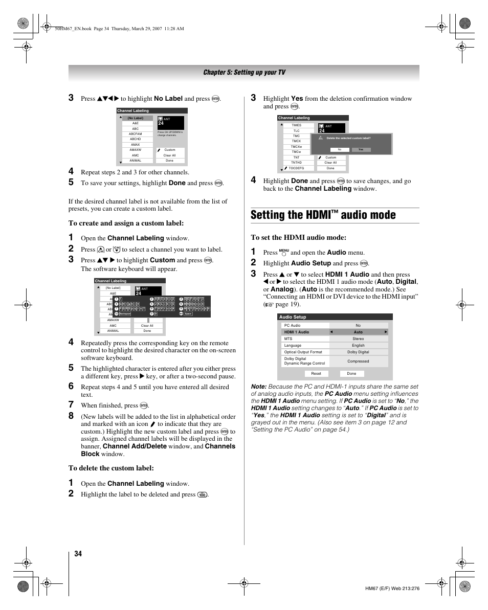 Setting the hdmi, Audio mode, Chapter 5: setting up your tv | Press bbc c to highlight no label and press t, Repeat steps 2 and 3 for other channels, Open the channel labeling window, Press < or , to select a channel you want to label, When finished, press t, Highlight the label to be deleted and press, Press y and open the audio menu | Toshiba 50HM67 User Manual | Page 34 / 74