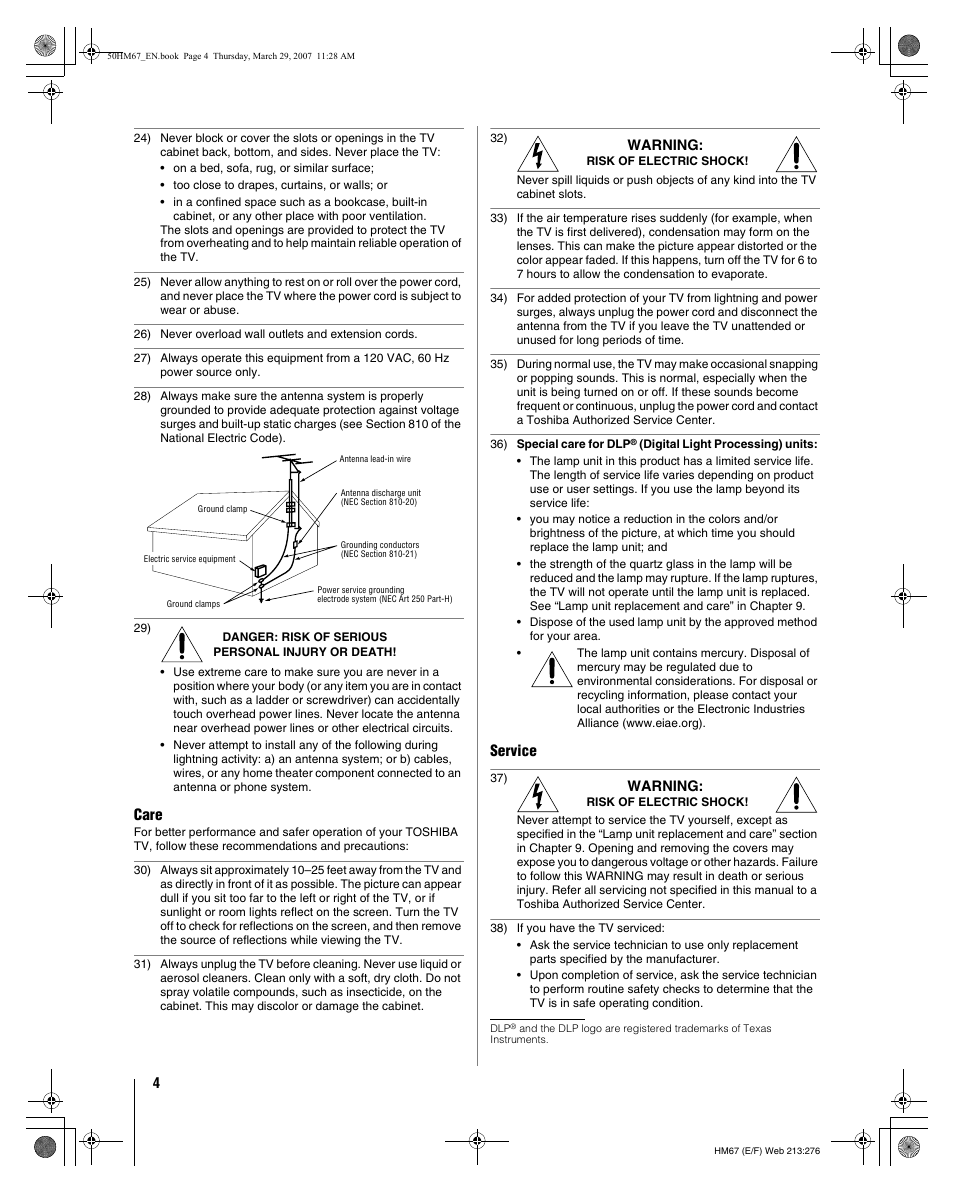 Care, Service | Toshiba 50HM67 User Manual | Page 4 / 74