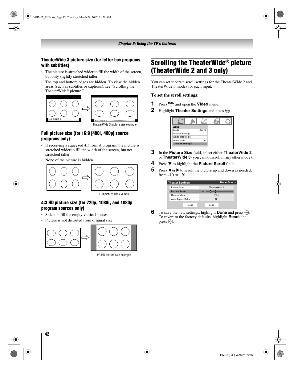 Scrolling the theaterwide, Picture (theaterwide 2 and 3 only) | Toshiba 50HM67 User Manual | Page 42 / 74