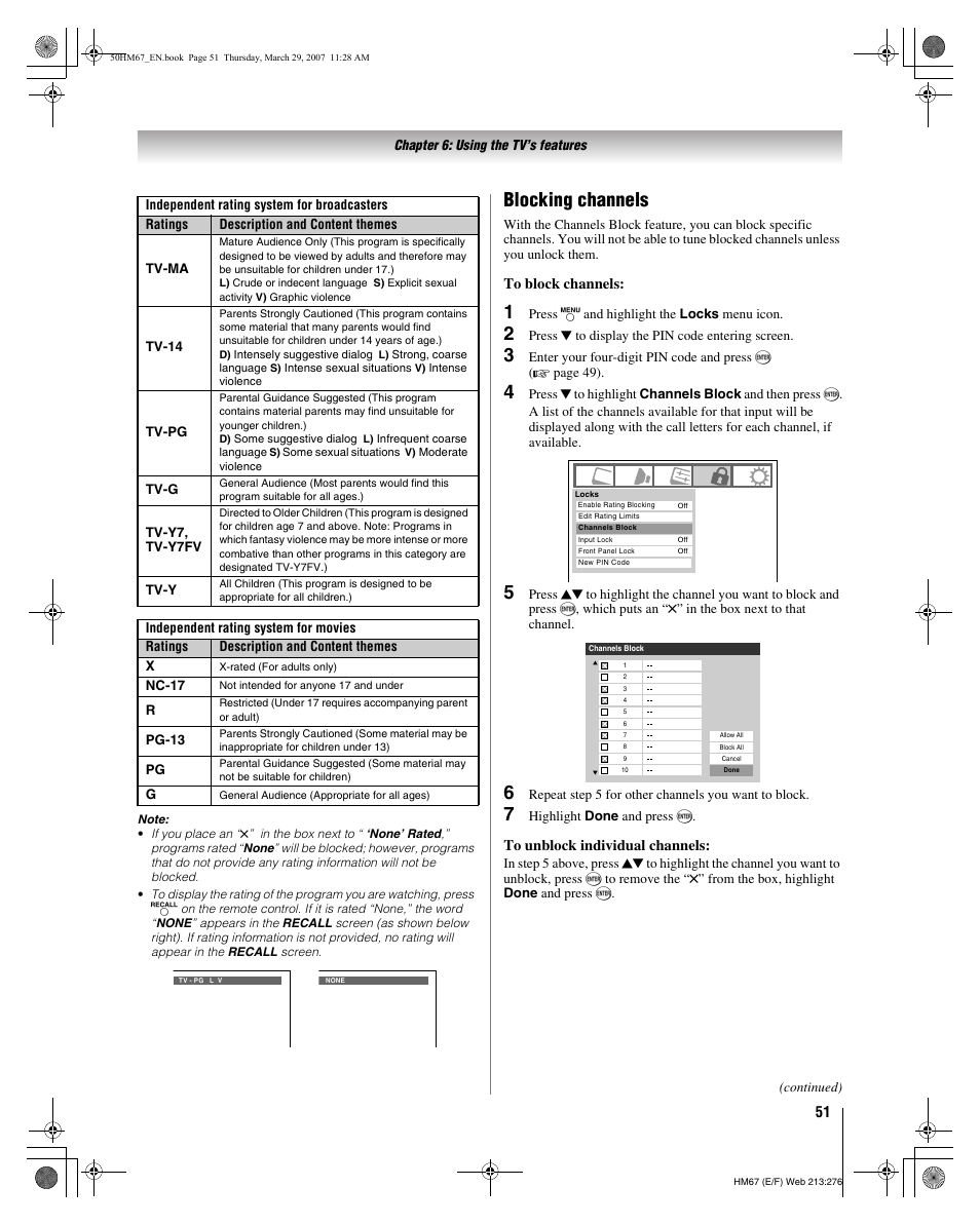 Blocking channels | Toshiba 50HM67 User Manual | Page 51 / 74