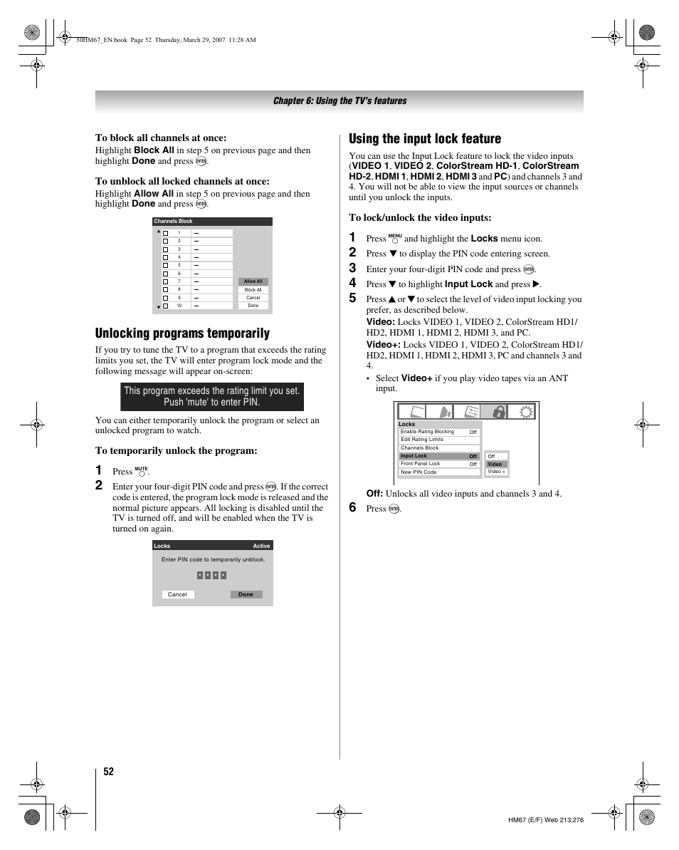 Unlocking programs temporarily, Using the input lock feature | Toshiba 50HM67 User Manual | Page 52 / 74