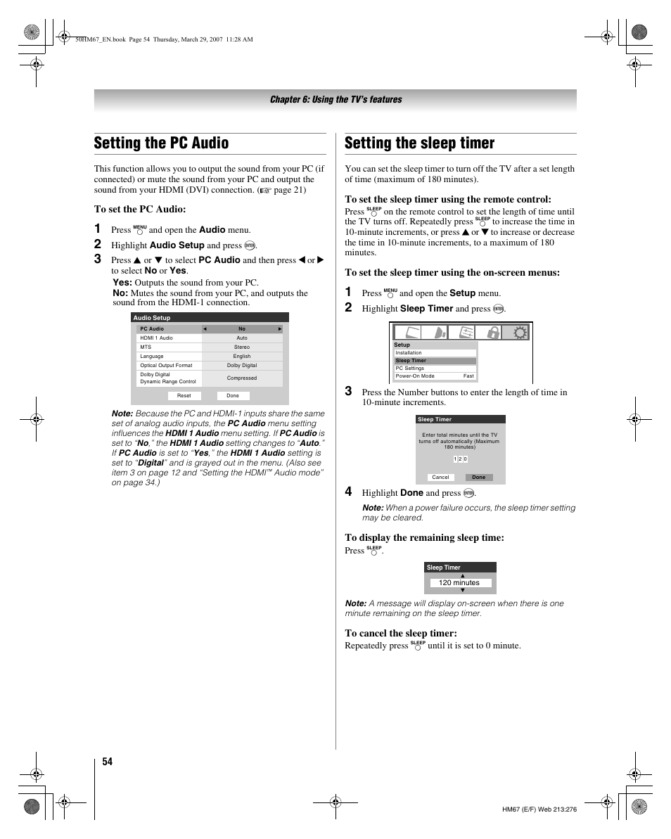 Setting the pc audio, Setting the sleep timer | Toshiba 50HM67 User Manual | Page 54 / 74