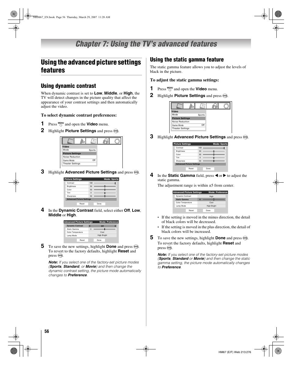 Chapter 7: using the tv’s advanced features, Using the advanced picture settings features, Using dynamic contrast | Using the static gamma feature | Toshiba 50HM67 User Manual | Page 56 / 74