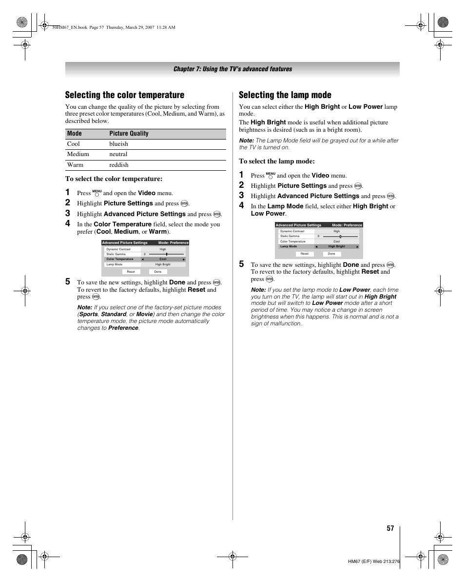 Selecting the color temperature, Selecting the lamp mode | Toshiba 50HM67 User Manual | Page 57 / 74