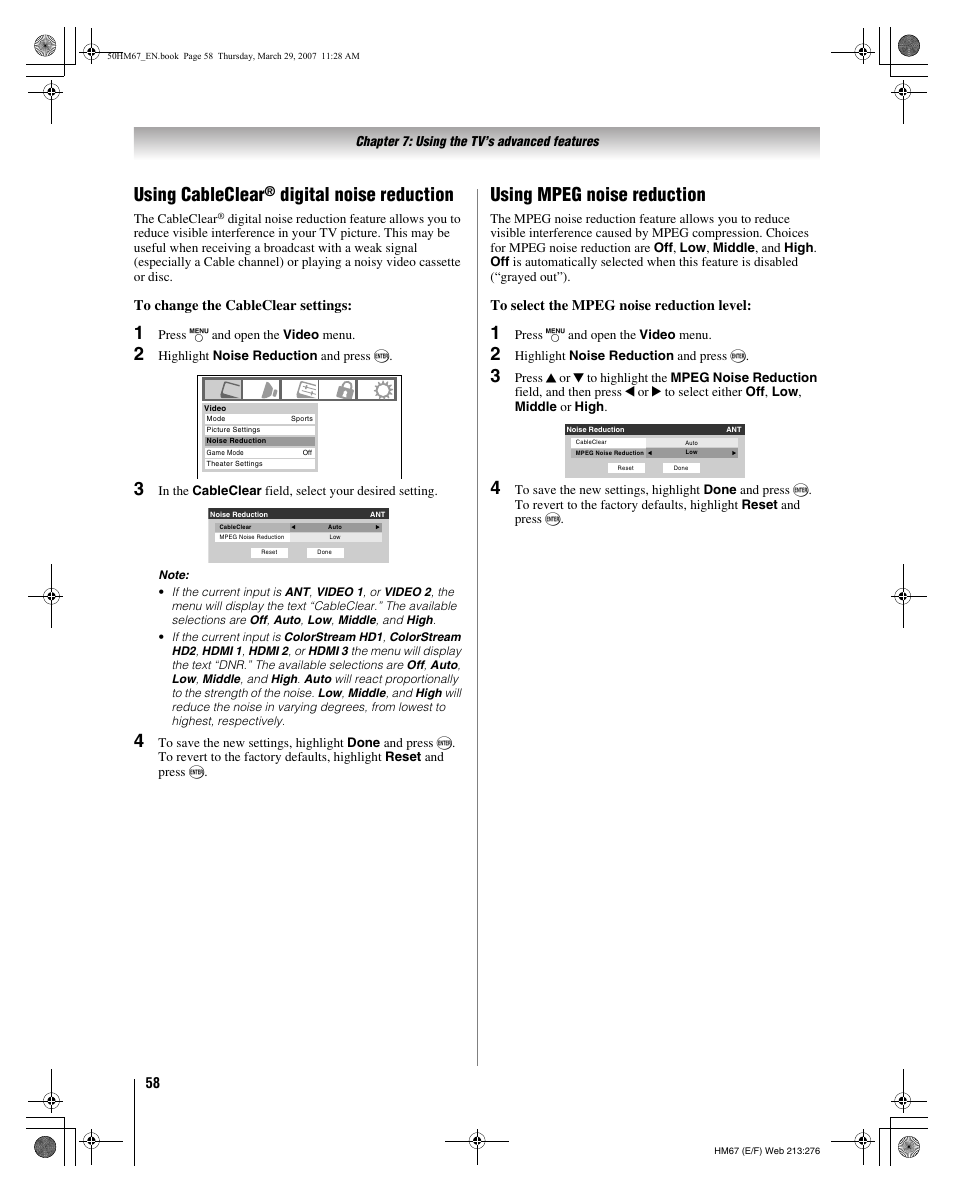 Using cableclear, Digital noise reduction, Using mpeg noise reduction | Toshiba 50HM67 User Manual | Page 58 / 74