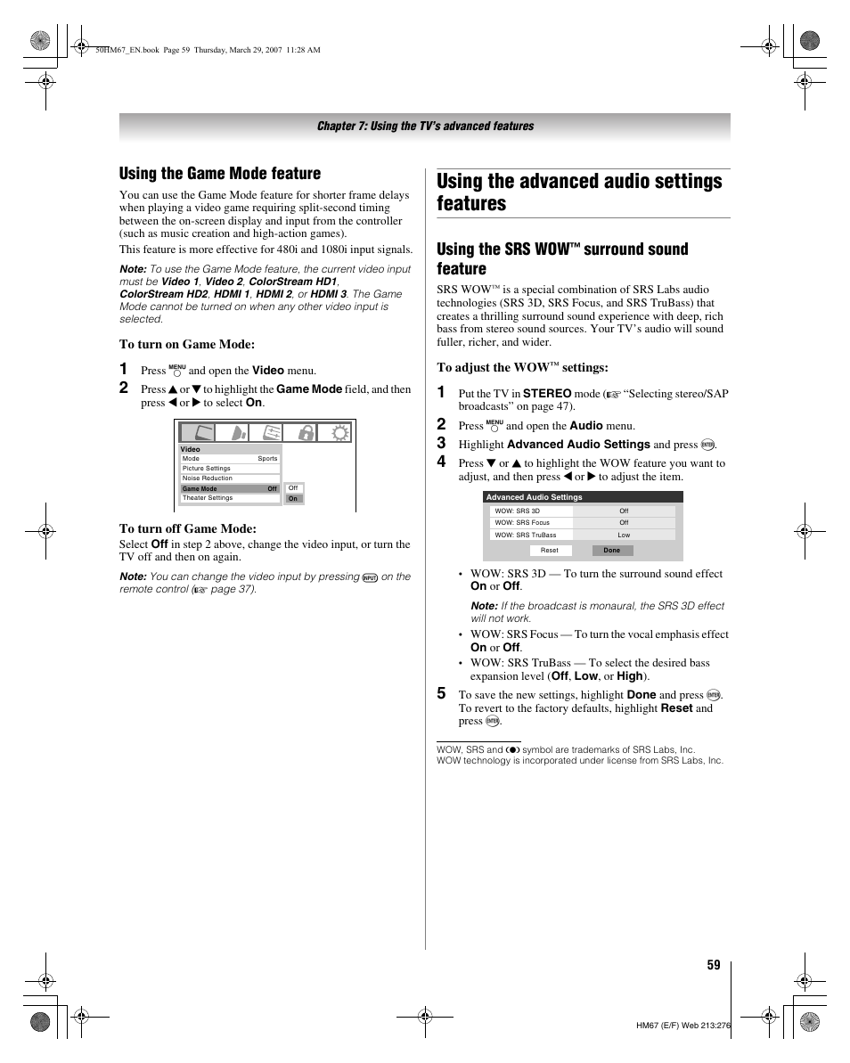 Using the advanced audio settings features, Using the game mode feature, Using the srs wow | Surround sound feature | Toshiba 50HM67 User Manual | Page 59 / 74