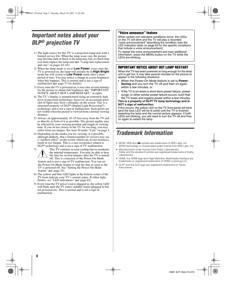 Projection tv, Trademark information | Toshiba 50HM67 User Manual | Page 6 / 74