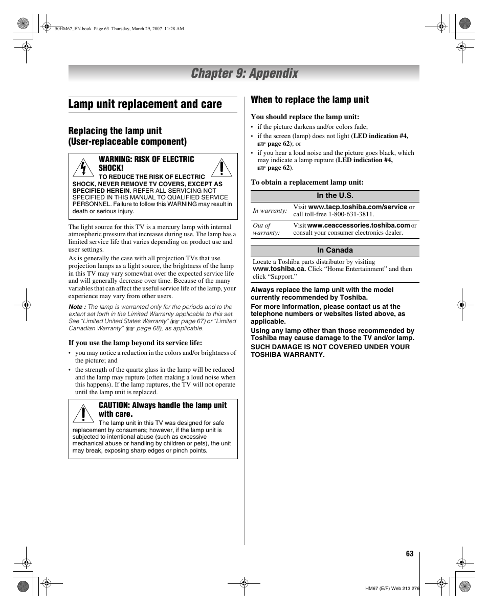 Chapter 9: appendix, Lamp unit replacement and care, When to replace the lamp unit | Toshiba 50HM67 User Manual | Page 63 / 74