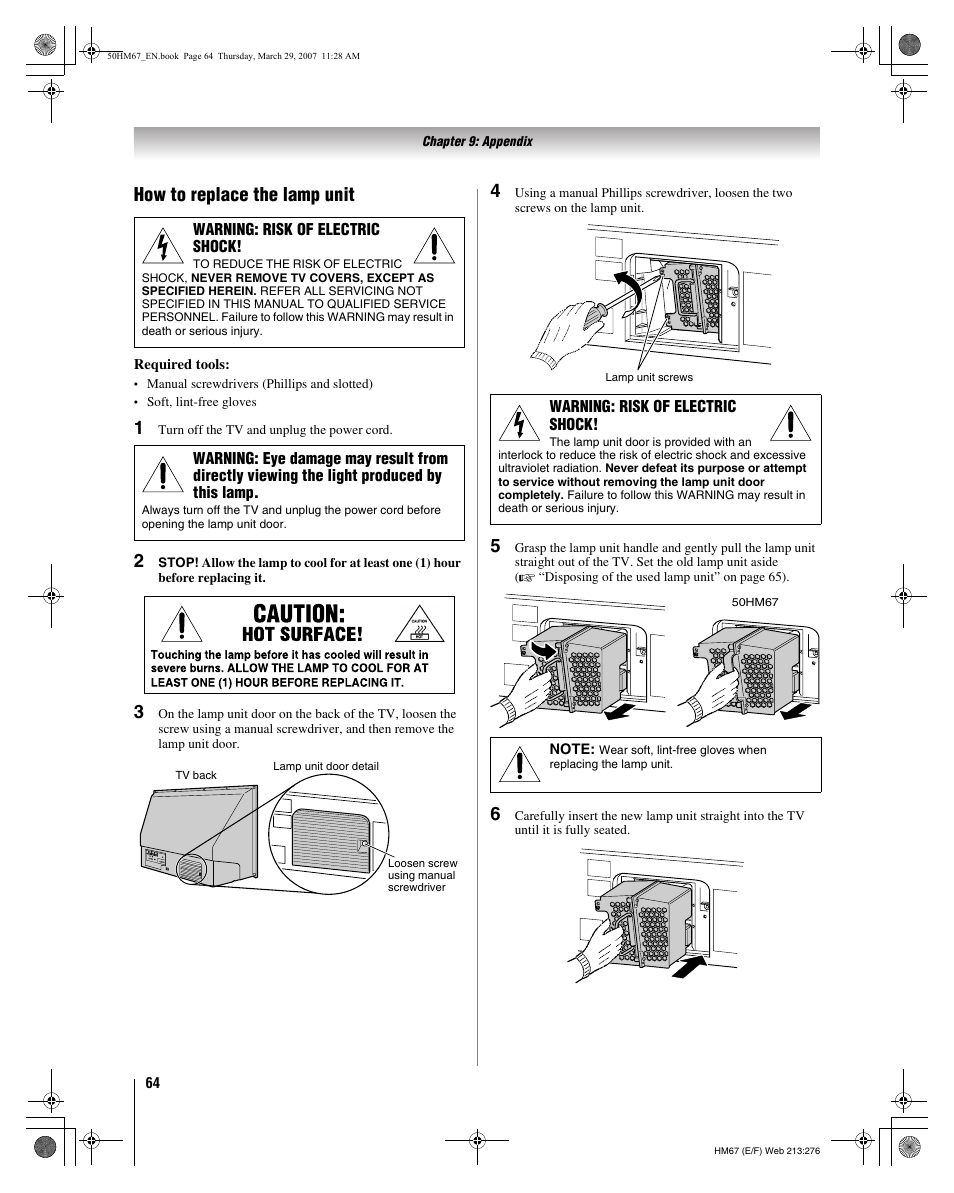 How to replace the lamp unit | Toshiba 50HM67 User Manual | Page 64 / 74