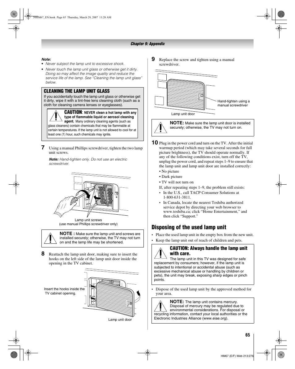 Disposing of the used lamp unit | Toshiba 50HM67 User Manual | Page 65 / 74