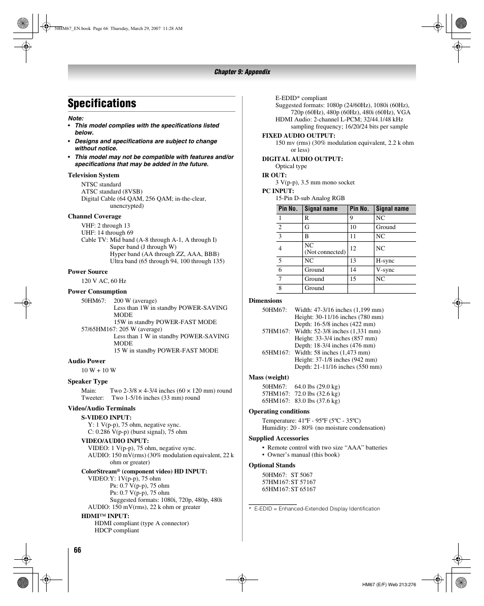 Specifications | Toshiba 50HM67 User Manual | Page 66 / 74