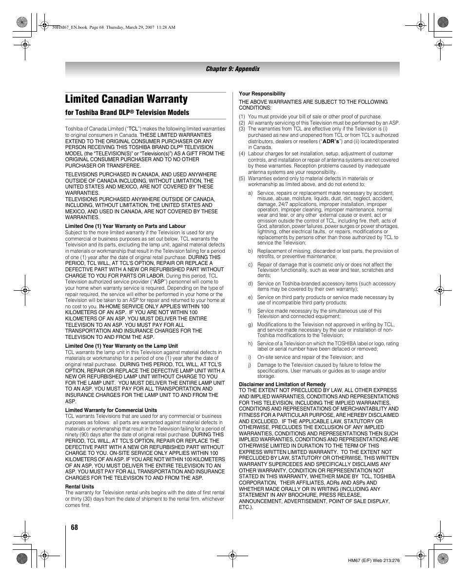 Limited canadian warranty | Toshiba 50HM67 User Manual | Page 68 / 74