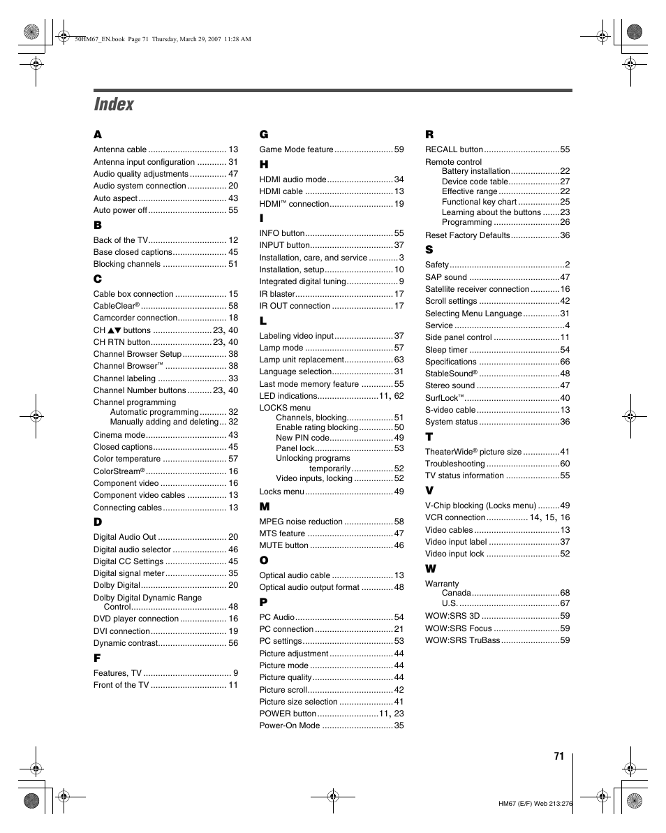 Index | Toshiba 50HM67 User Manual | Page 71 / 74