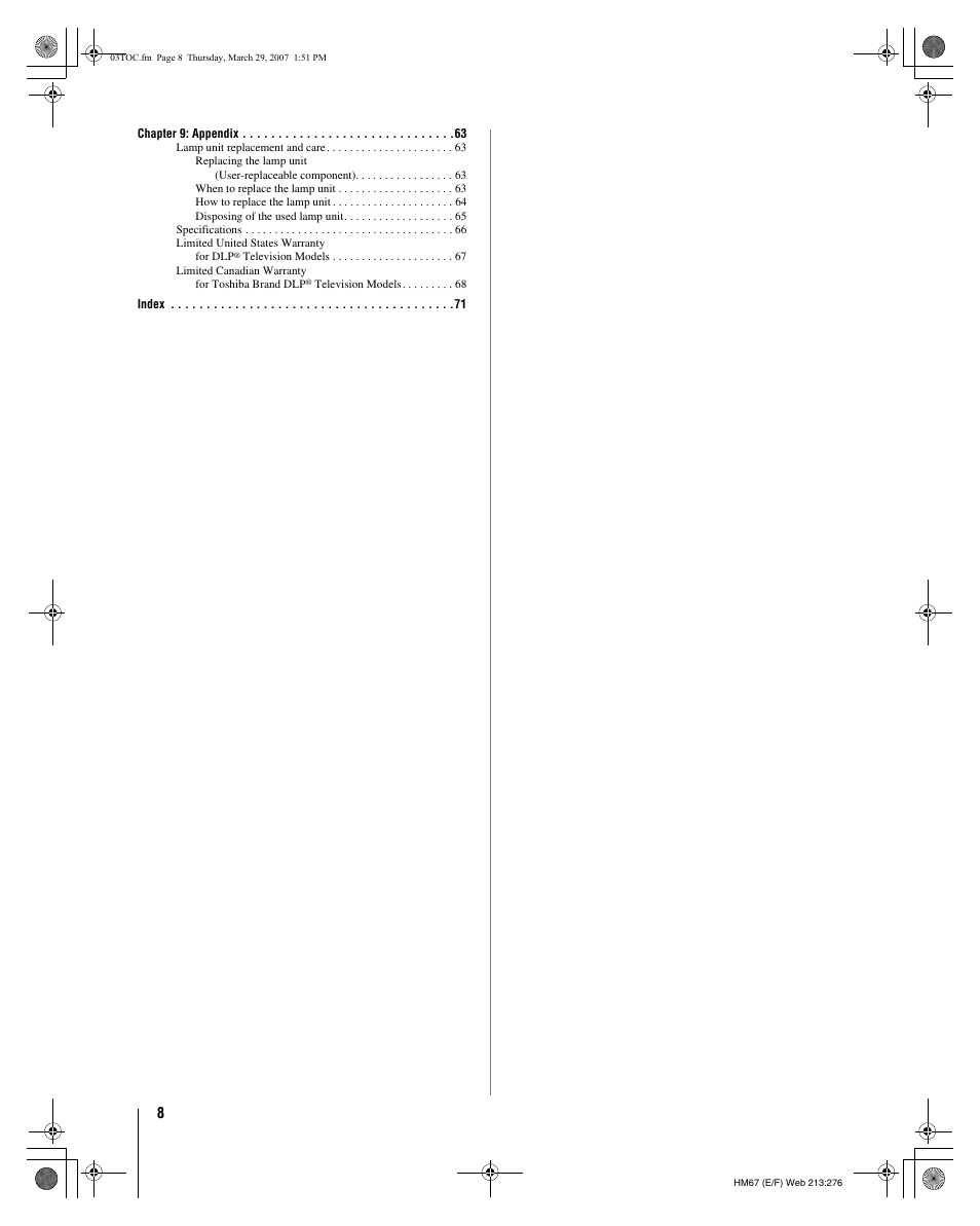 Toshiba 50HM67 User Manual | Page 8 / 74