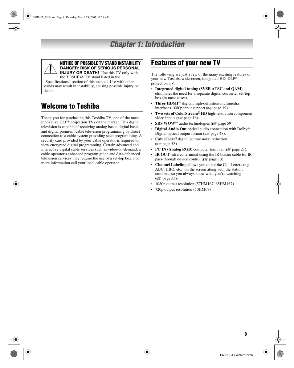 Chapter 1: introduction, Welcome to toshiba, Features of your new tv | Toshiba 50HM67 User Manual | Page 9 / 74