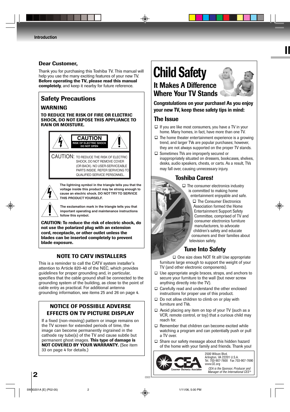 Child safety, Important safeguards im, It makes a difference where your tv stands | Safety precautions, The issue, Toshiba cares, Tune into safety | Toshiba MD20F12 User Manual | Page 2 / 52