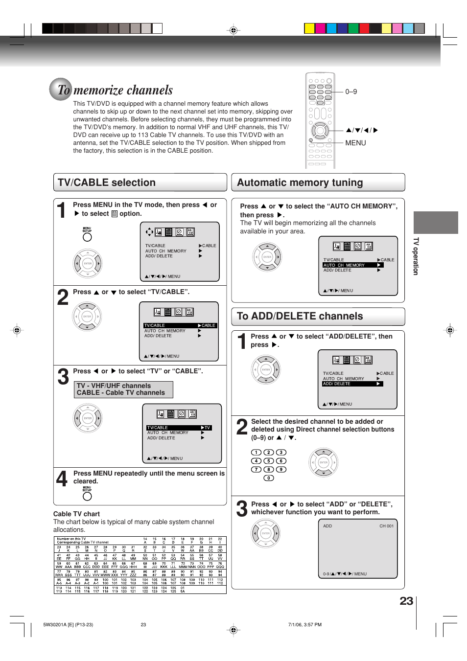 Tv/cable selection | Toshiba MD20F12 User Manual | Page 23 / 52