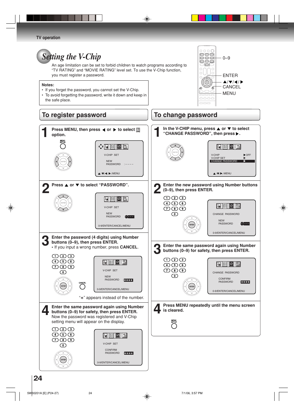 Setting the v-chip | Toshiba MD20F12 User Manual | Page 24 / 52