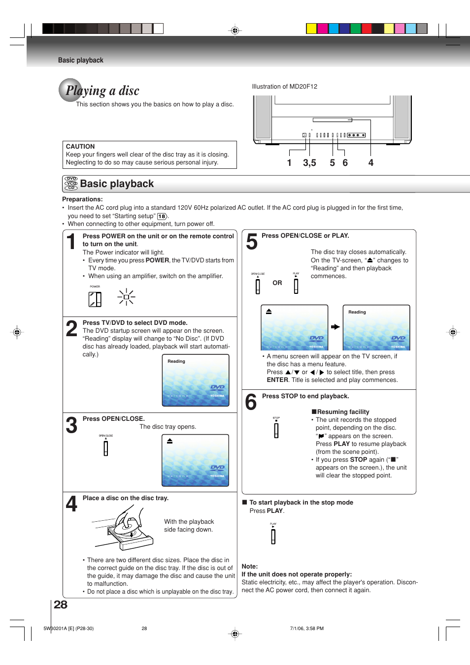 Playing a disc, Basic playback | Toshiba MD20F12 User Manual | Page 28 / 52