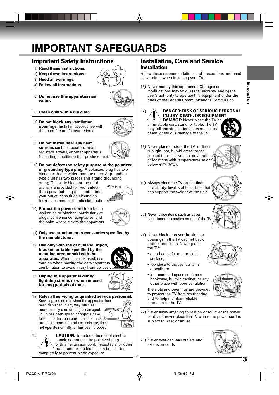 Important safeguards, Important safety instructions, Installation, care and service | Installation | Toshiba MD20F12 User Manual | Page 3 / 52