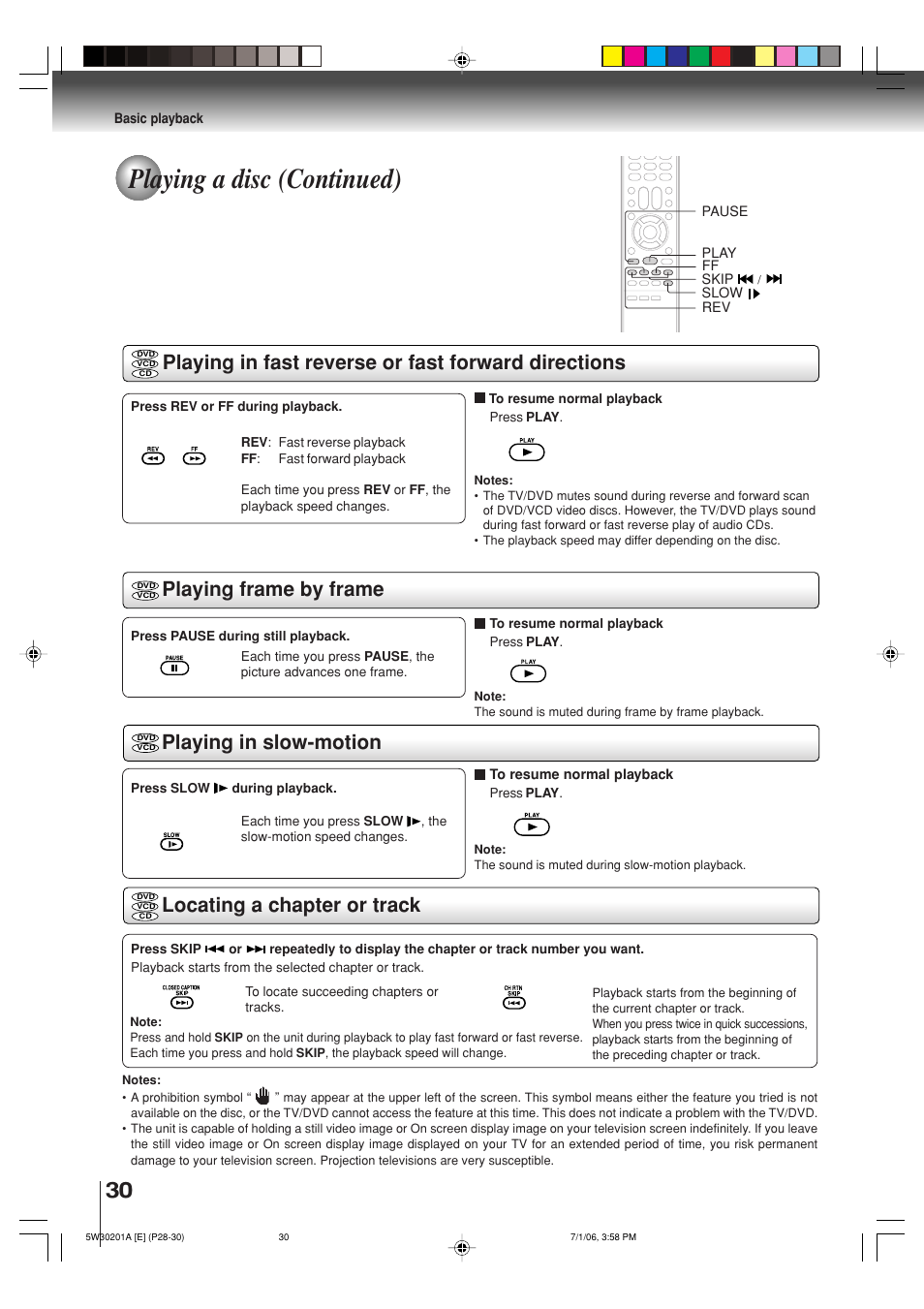 Playing a disc (continued), Playing in slow-motion locating a chapter or track | Toshiba MD20F12 User Manual | Page 30 / 52