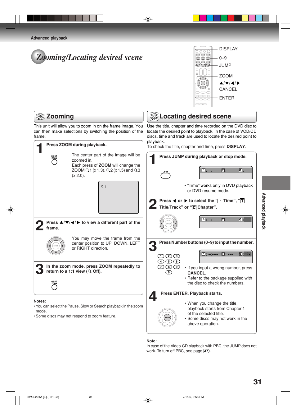 Zooming/locating desired scene, Zooming, Locating desired scene | Toshiba MD20F12 User Manual | Page 31 / 52