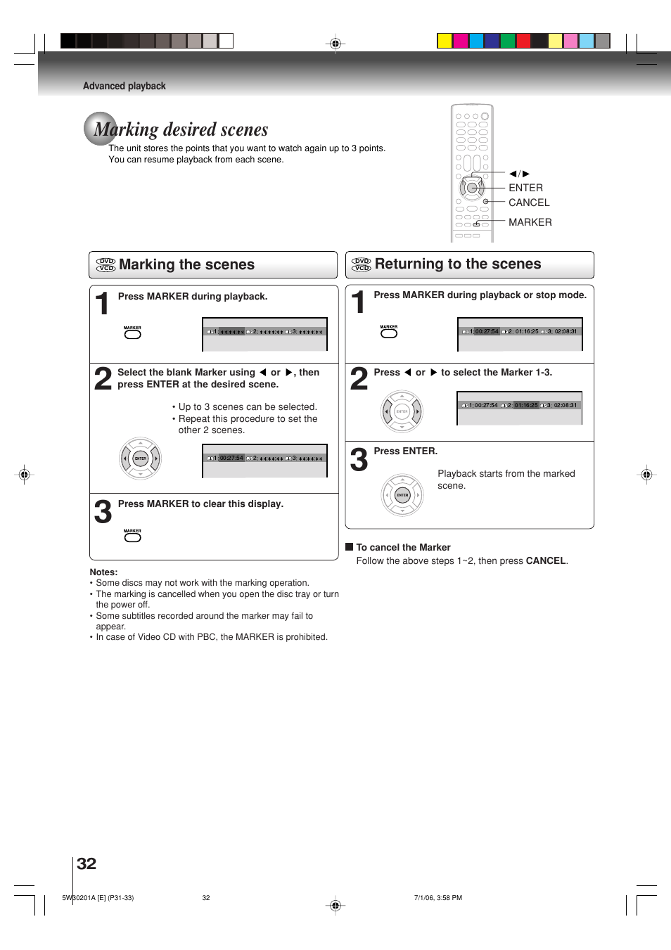 Marking desired scenes, Marking the scenes returning to the scenes | Toshiba MD20F12 User Manual | Page 32 / 52