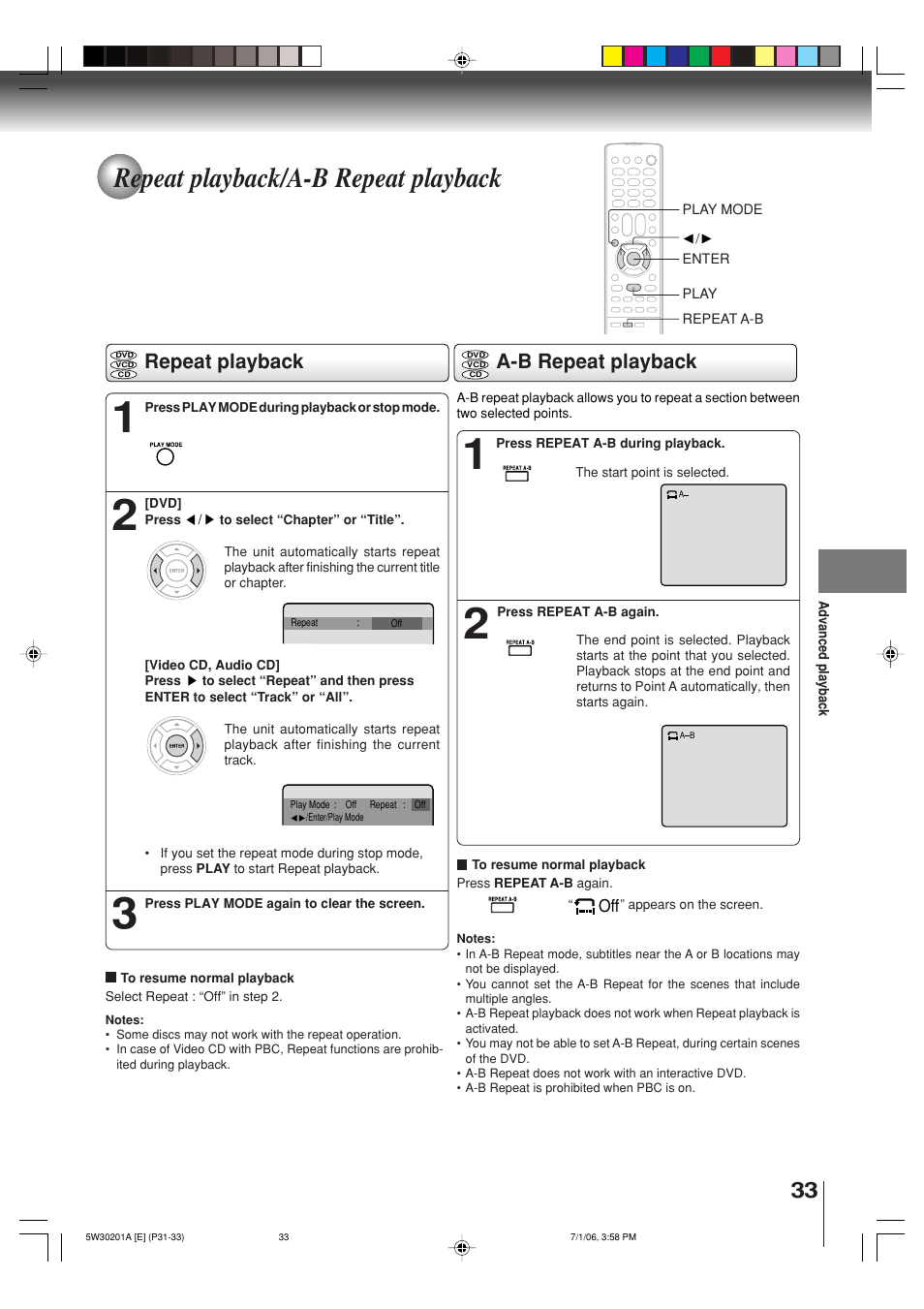 Repeat playback/a-b repeat playback, Repeat playback a-b repeat playback | Toshiba MD20F12 User Manual | Page 33 / 52