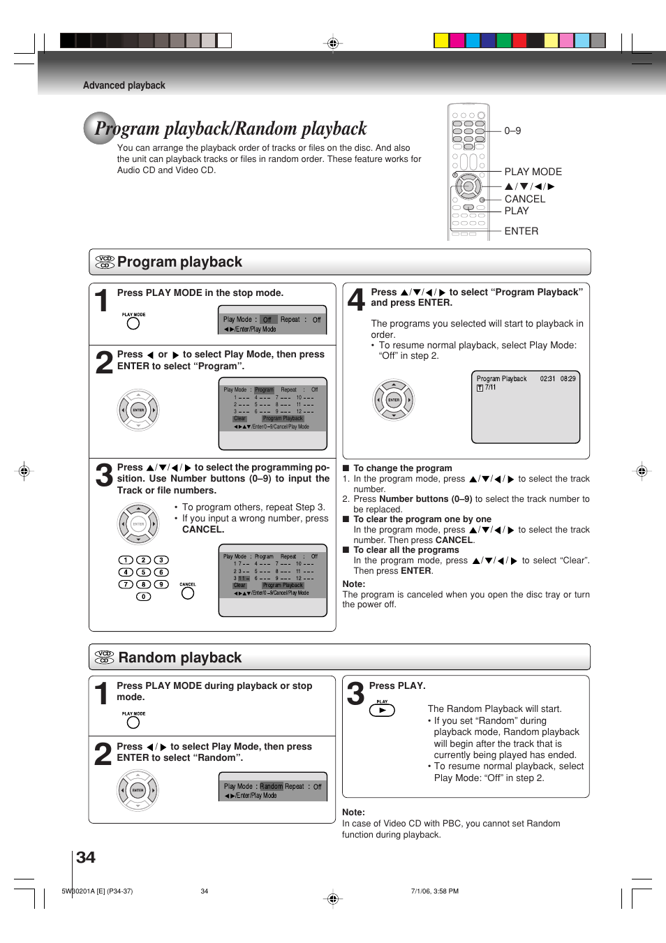 Program playback/random playback, Program playback, Random playback | Toshiba MD20F12 User Manual | Page 34 / 52