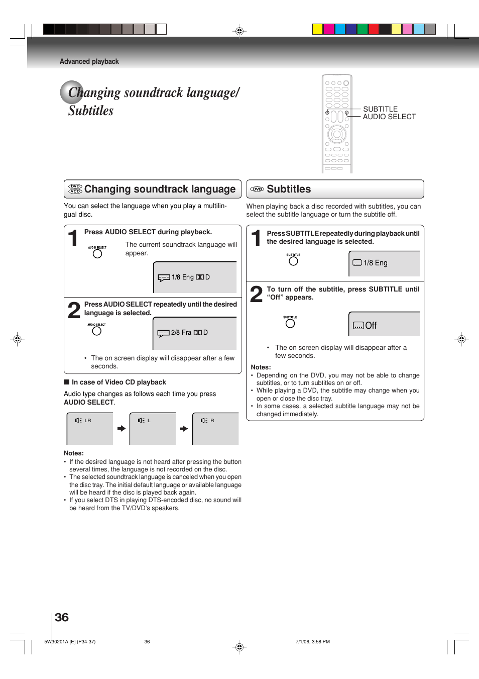 Changing soundtrack language/ subtitles, Subtitles changing soundtrack language | Toshiba MD20F12 User Manual | Page 36 / 52