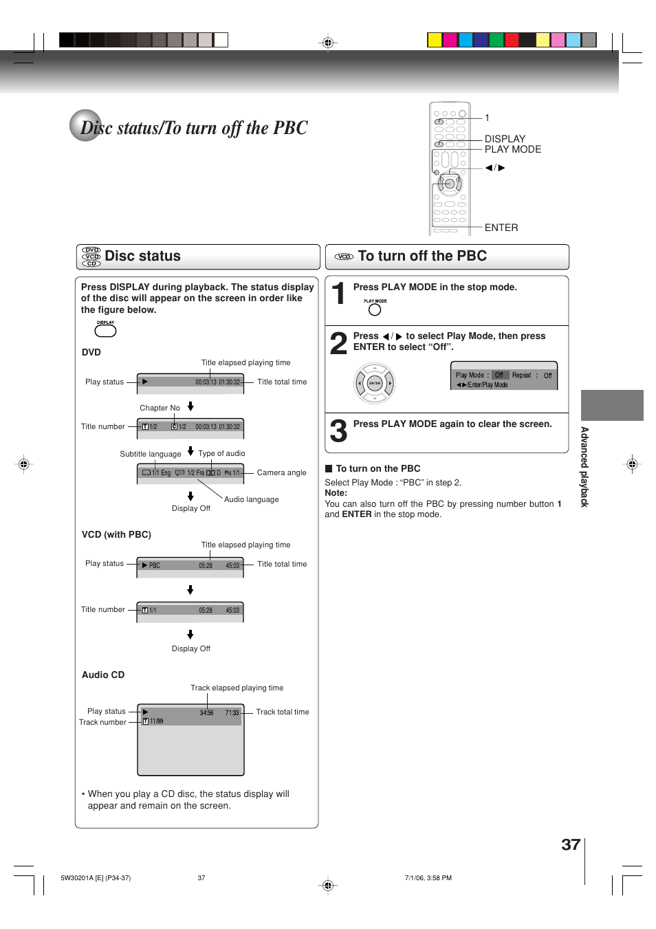 Disc status/to turn off the pbc, Disc status | Toshiba MD20F12 User Manual | Page 37 / 52