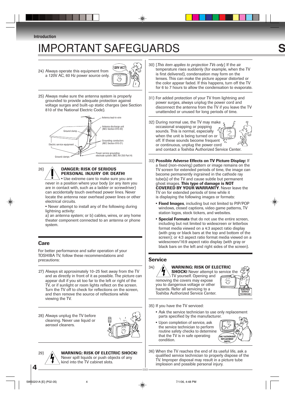 Important safeguards s, Care, Service | Toshiba MD20F12 User Manual | Page 4 / 52