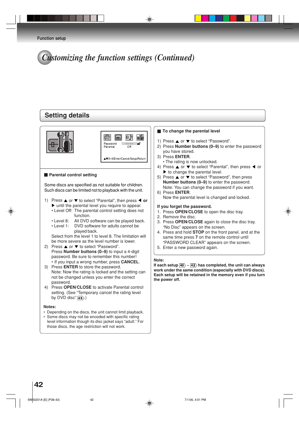 Customizing the function settings (continued), Setting details | Toshiba MD20F12 User Manual | Page 42 / 52