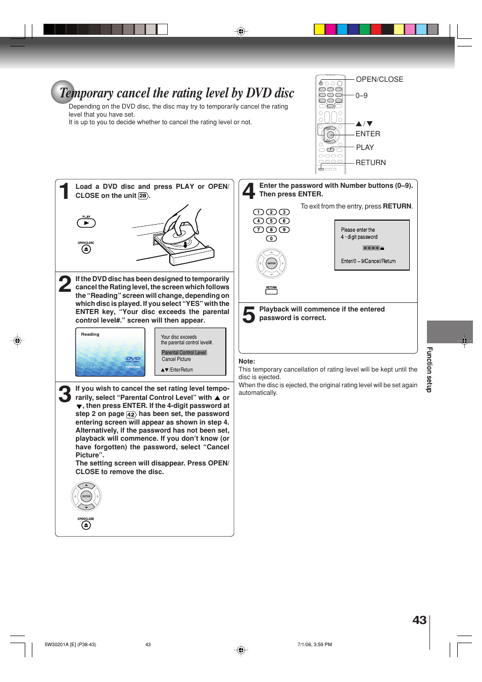 Temporary cancel the rating level by dvd disc | Toshiba MD20F12 User Manual | Page 43 / 52