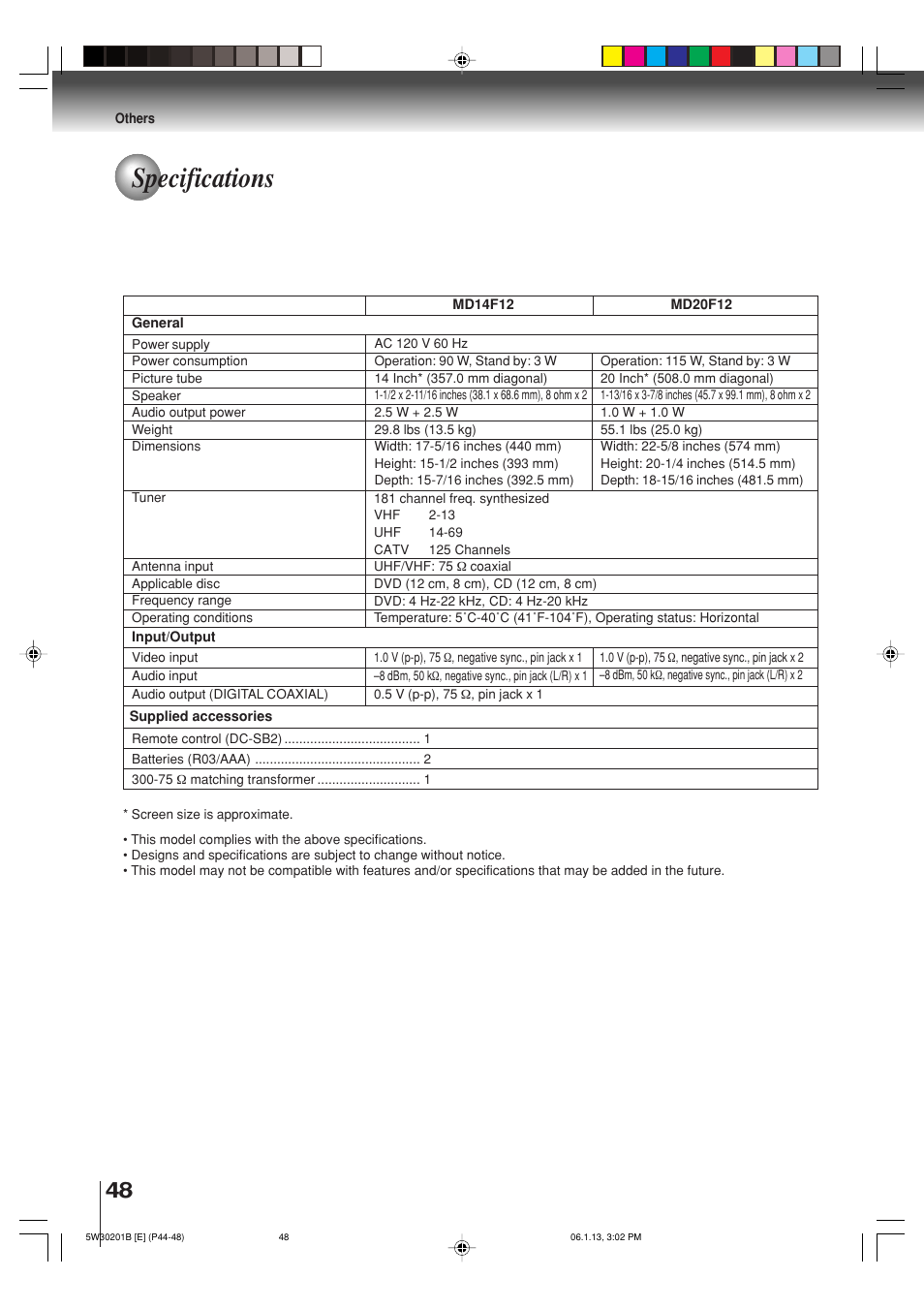 Specifications | Toshiba MD20F12 User Manual | Page 48 / 52