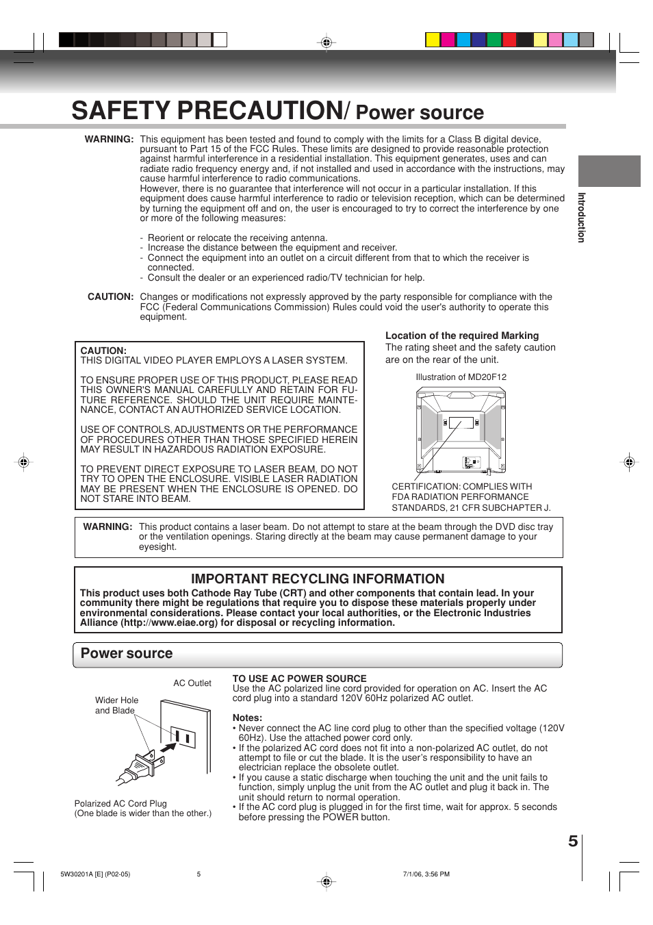 Safety precaution, Power source, Important recycling information | Toshiba MD20F12 User Manual | Page 5 / 52