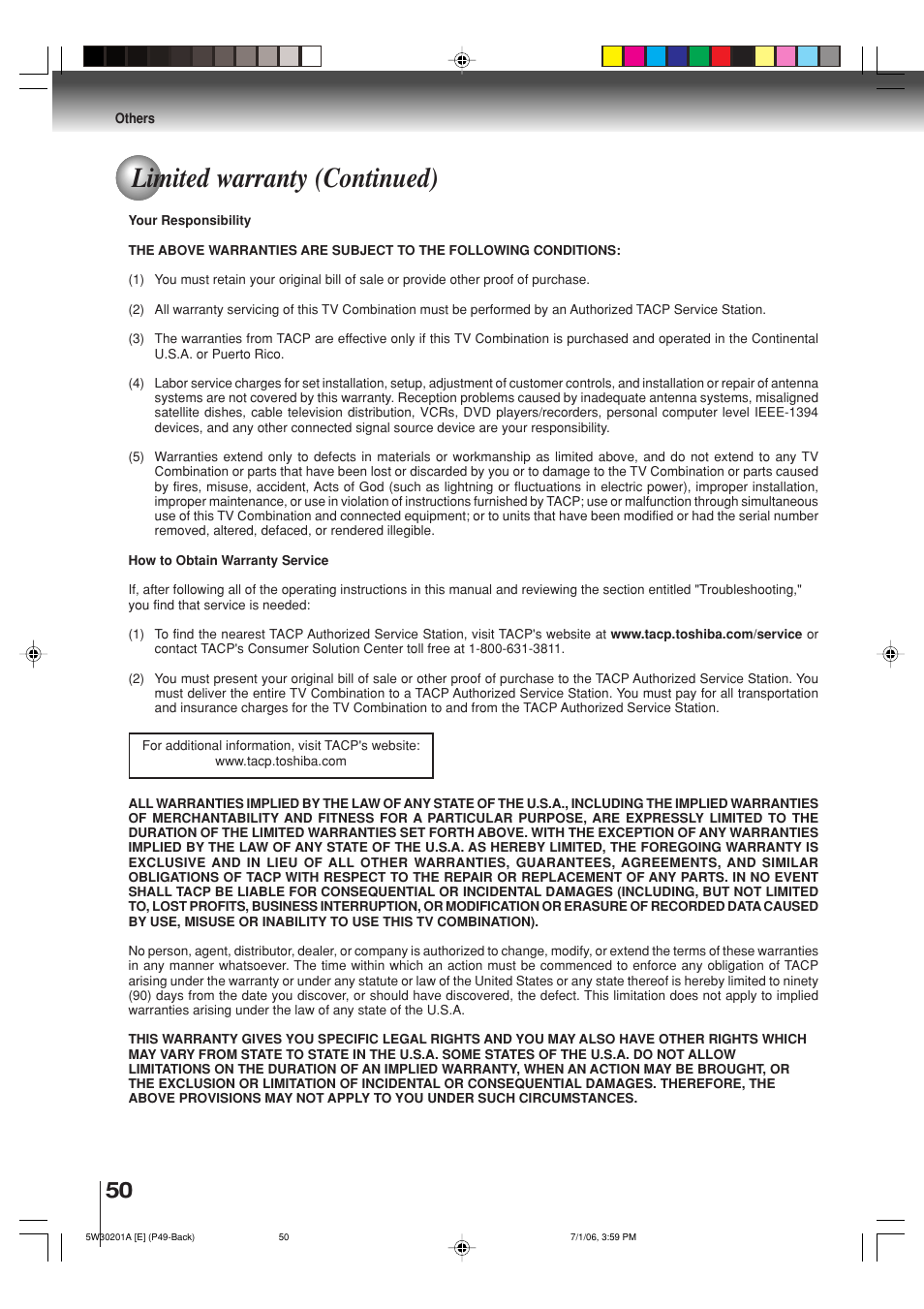 Limited warranty (continued) | Toshiba MD20F12 User Manual | Page 50 / 52