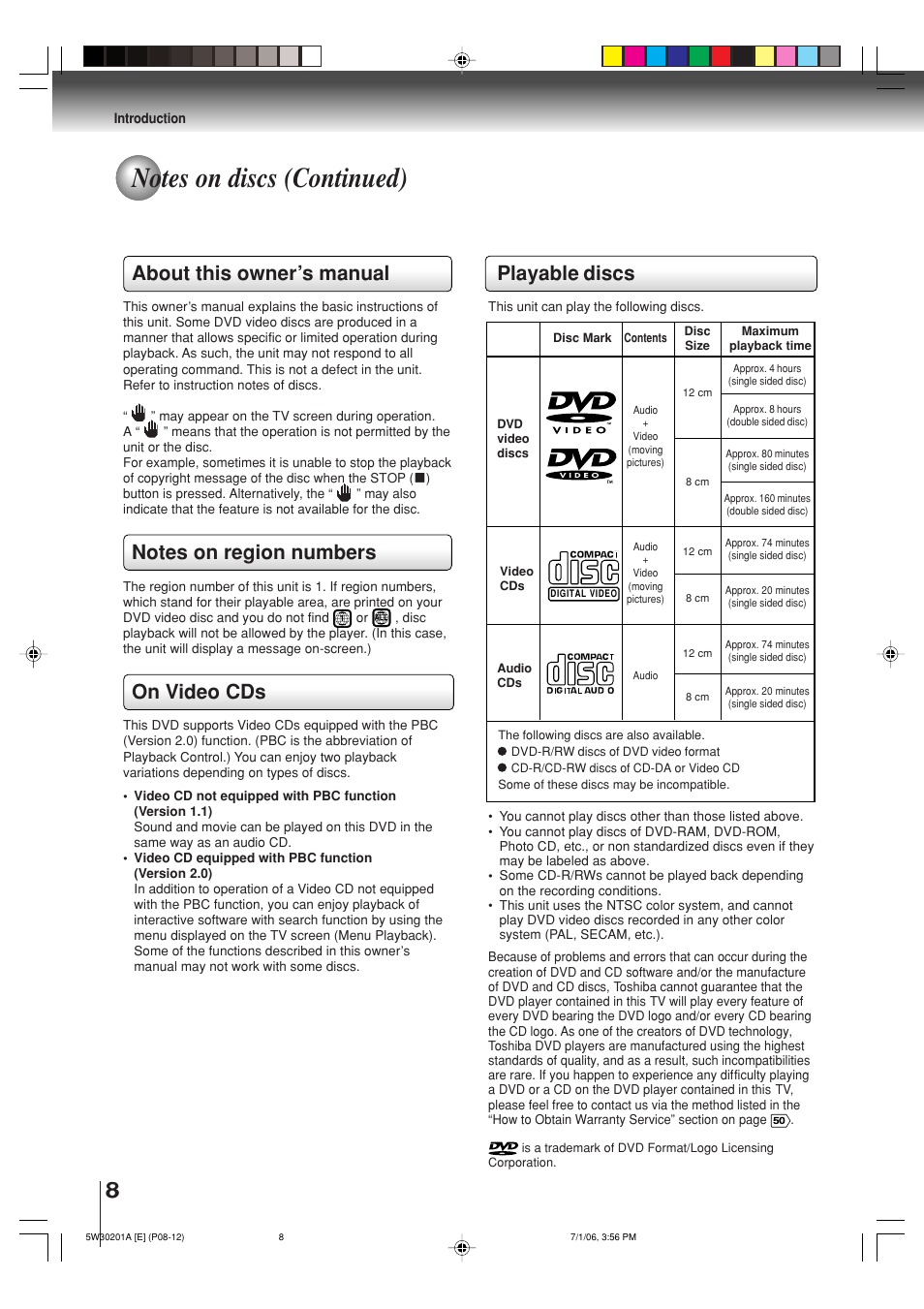 Playable discs, About this owner’s manual, On video cds | Toshiba MD20F12 User Manual | Page 8 / 52