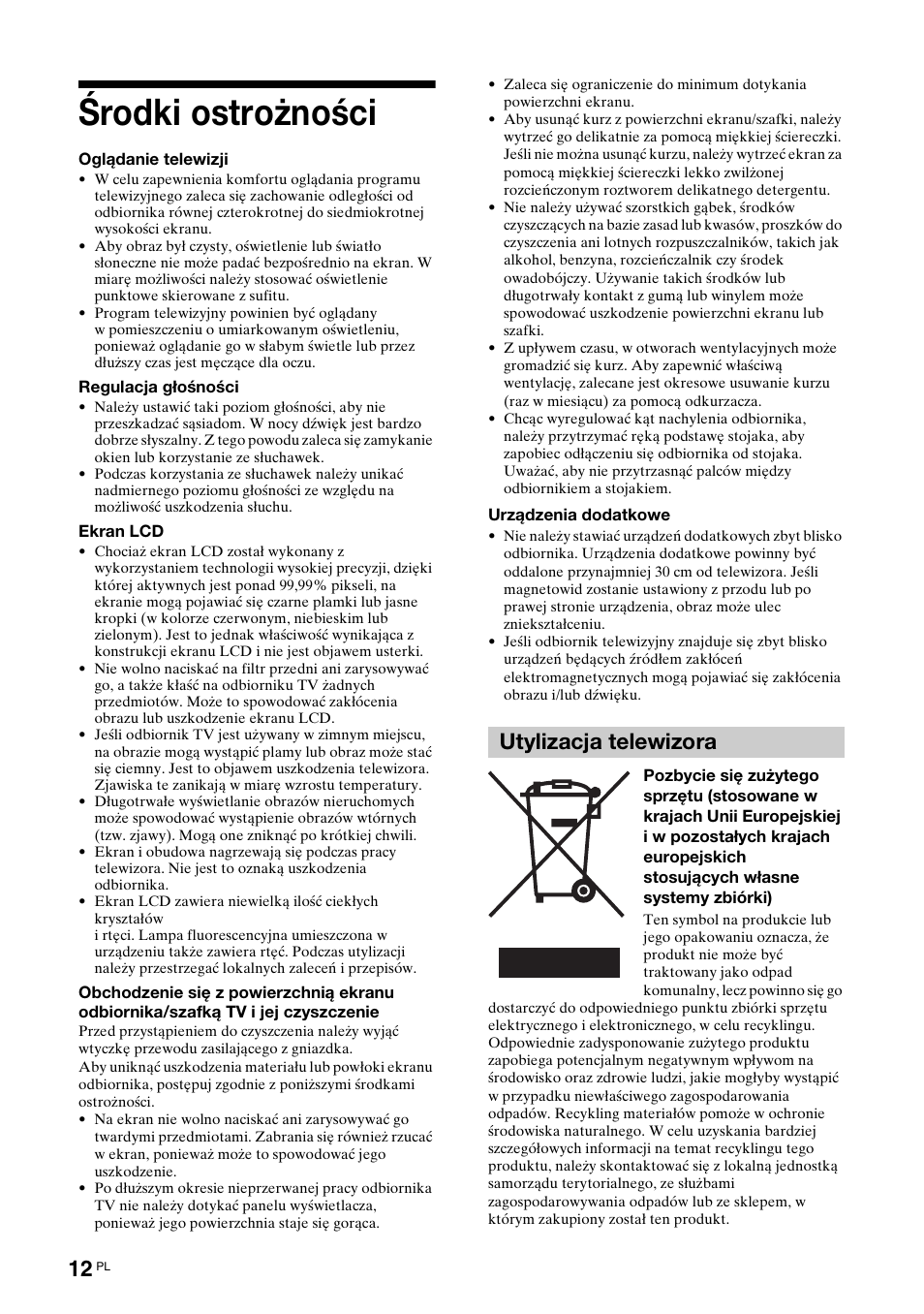 Środki ostrożności, Utylizacja telewizora | Sony KDL-52X2000 User Manual | Page 114 / 160