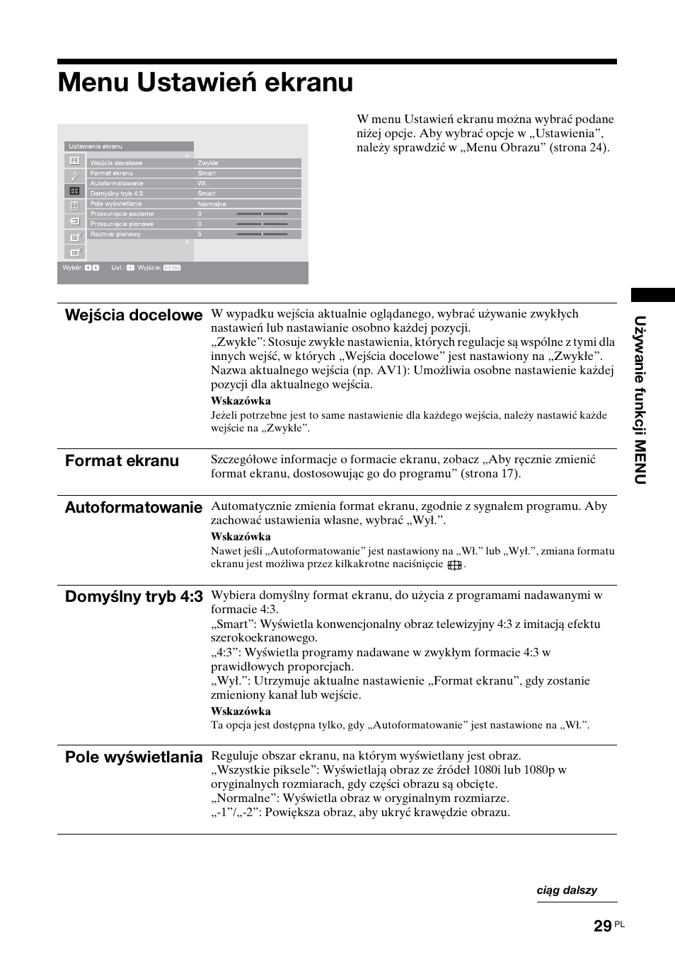 Menu ustawień ekranu | Sony KDL-52X2000 User Manual | Page 131 / 160