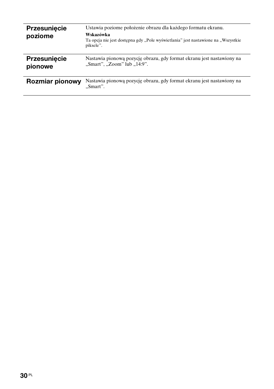 Przesunięcie poziome, Przesunięcie pionowe, Rozmiar pionowy | Sony KDL-52X2000 User Manual | Page 132 / 160