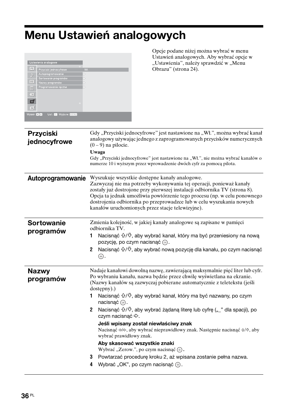 Menu ustawień analogowych, Przyciski jednocyfrowe, Autoprogramowanie | Sortowanie programów, Nazwy programów | Sony KDL-52X2000 User Manual | Page 138 / 160