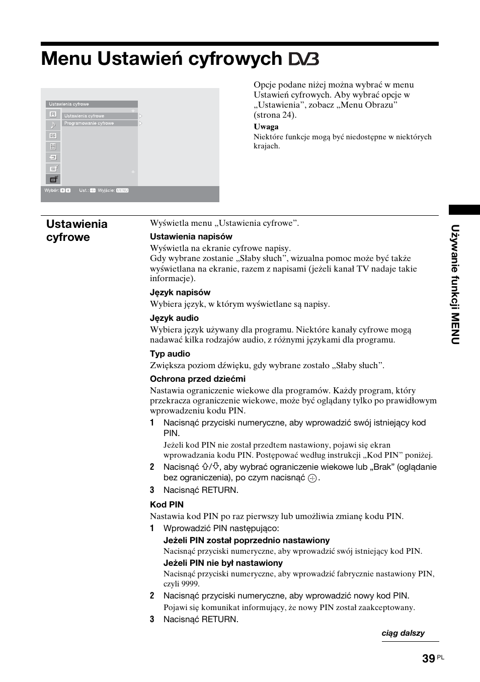 Menu ustawień cyfrowych, Ustawienia cyfrowe | Sony KDL-52X2000 User Manual | Page 141 / 160