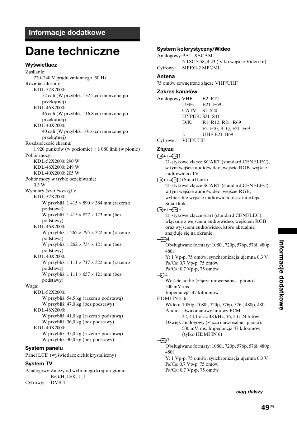 Informacje dodatkowe, Dane techniczne | Sony KDL-52X2000 User Manual | Page 151 / 160