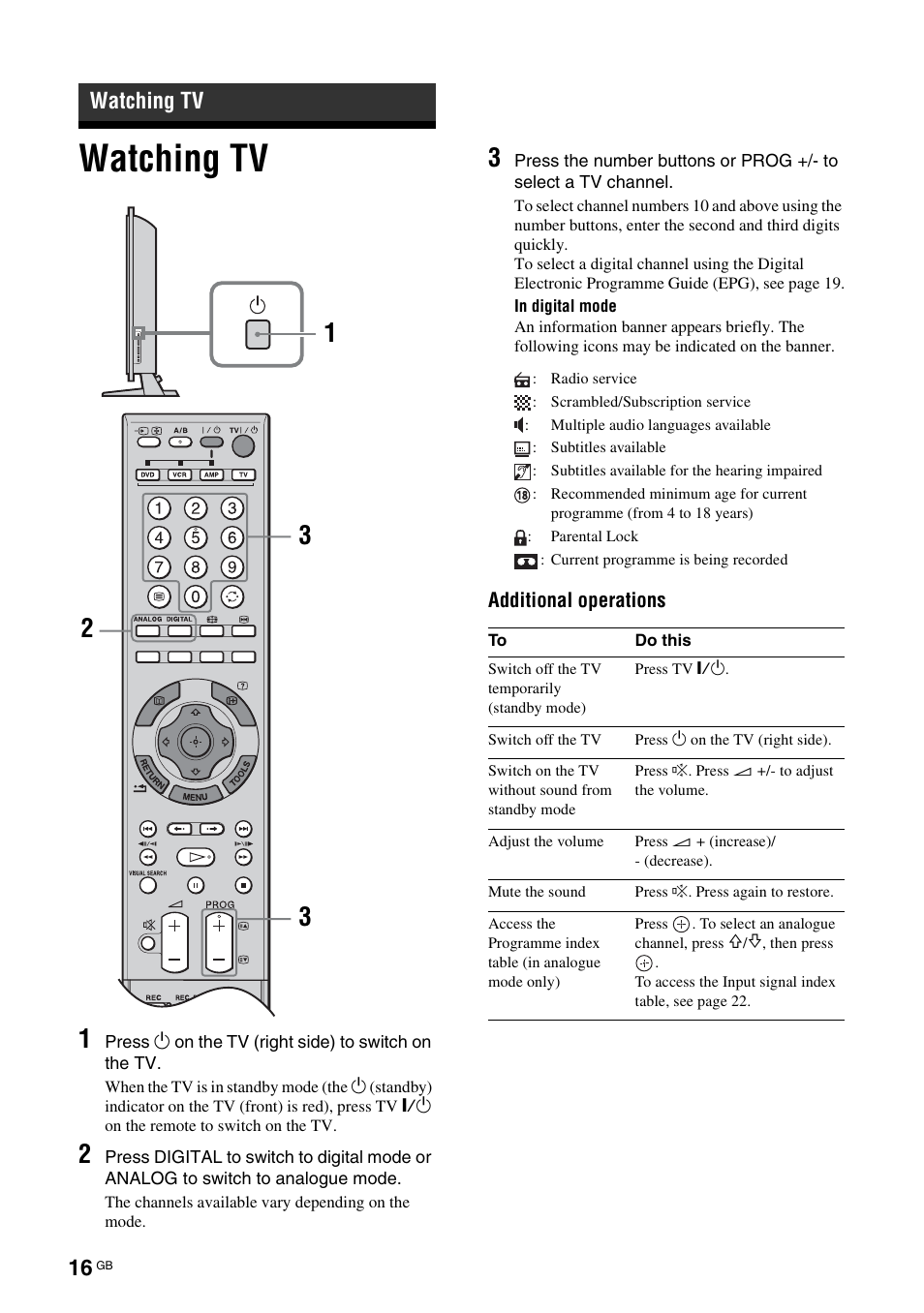 Watching tv | Sony KDL-52X2000 User Manual | Page 16 / 160