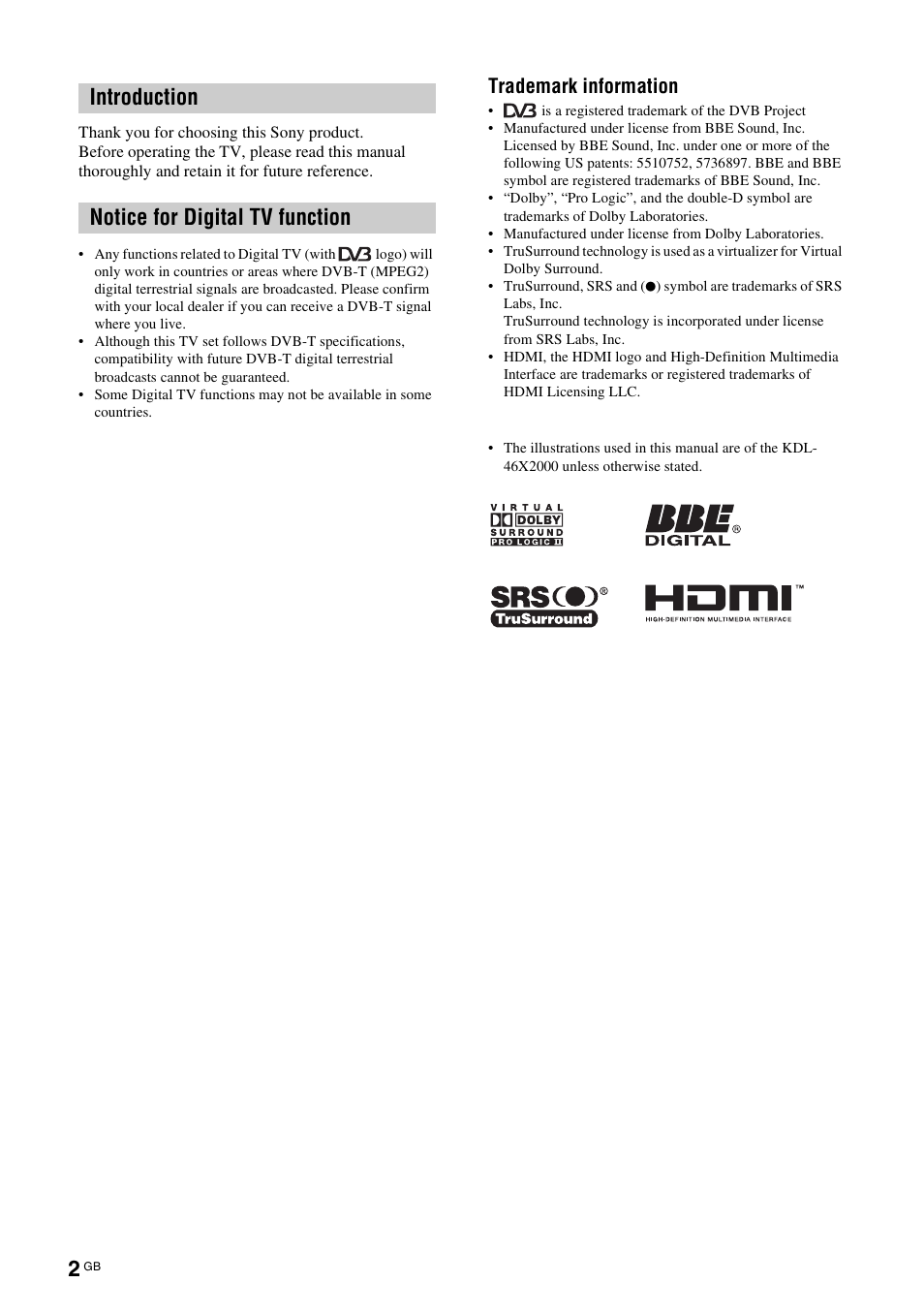 Introduction notice for digital tv function, Trademark information | Sony KDL-52X2000 User Manual | Page 2 / 160