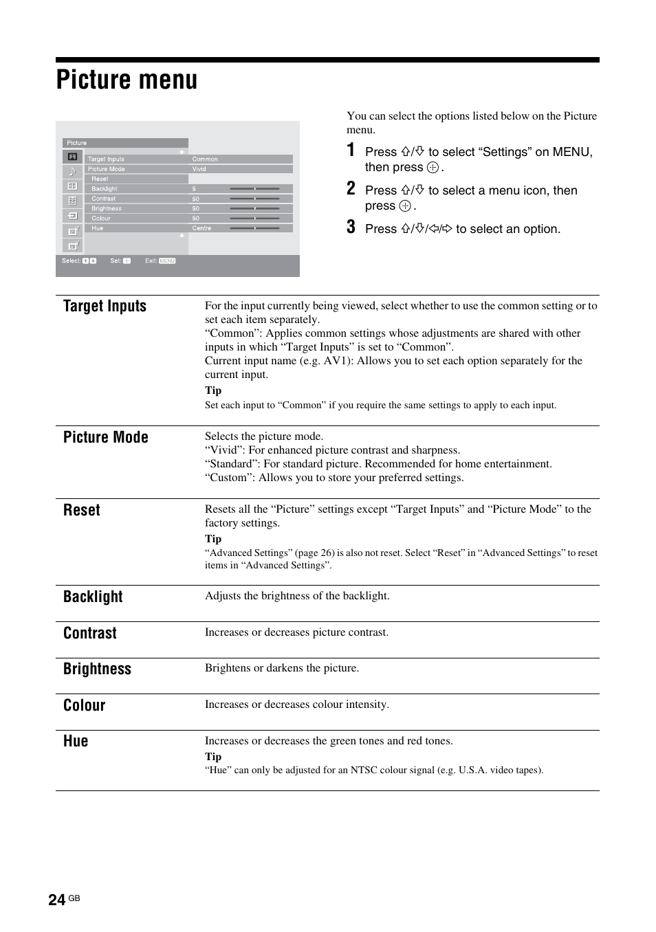 Picture menu | Sony KDL-52X2000 User Manual | Page 24 / 160