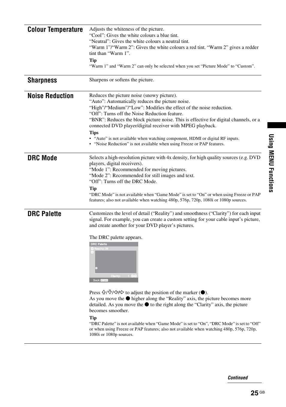 Colour temperature, Sharpness, Noise reduction | Drc mode, Drc palette | Sony KDL-52X2000 User Manual | Page 25 / 160
