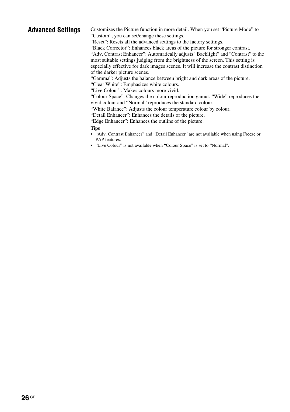 Advanced settings | Sony KDL-52X2000 User Manual | Page 26 / 160